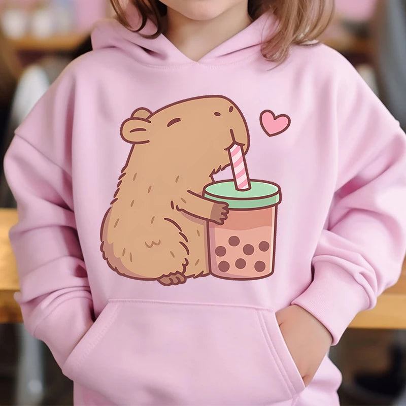 Adorable Capybara Bubble Tea Hoodie for Girls