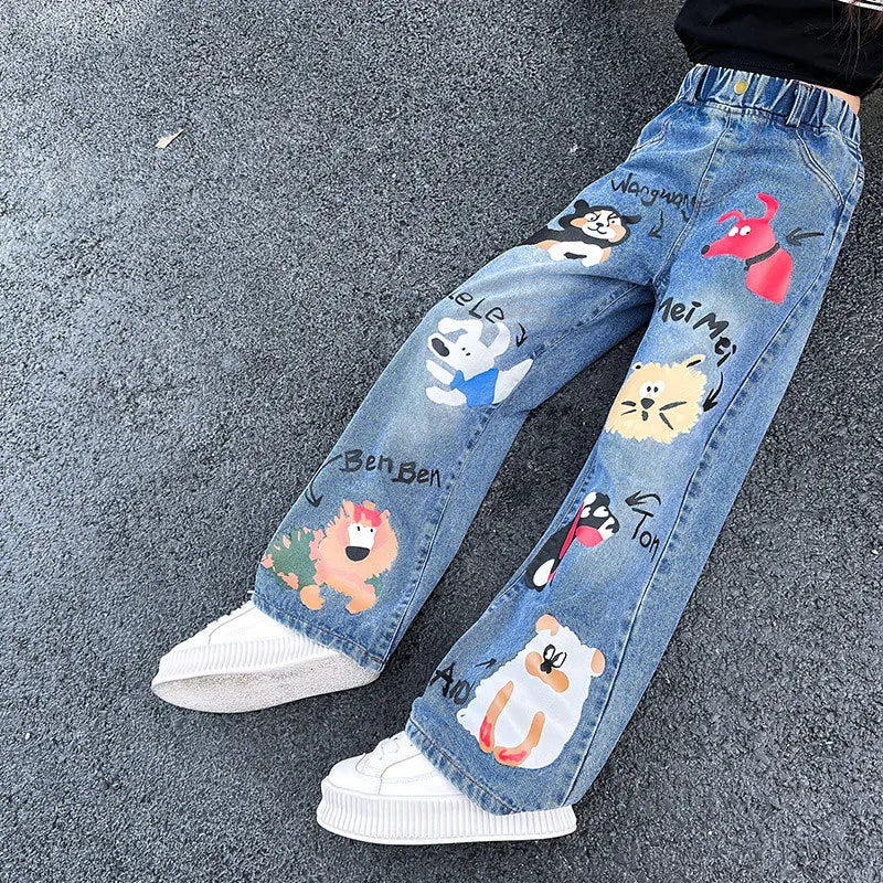 Blue Cartoon Wide Leg Jeans for Trendy Girls
