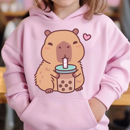 Adorable Capybara Bubble Tea Hoodie for Girls