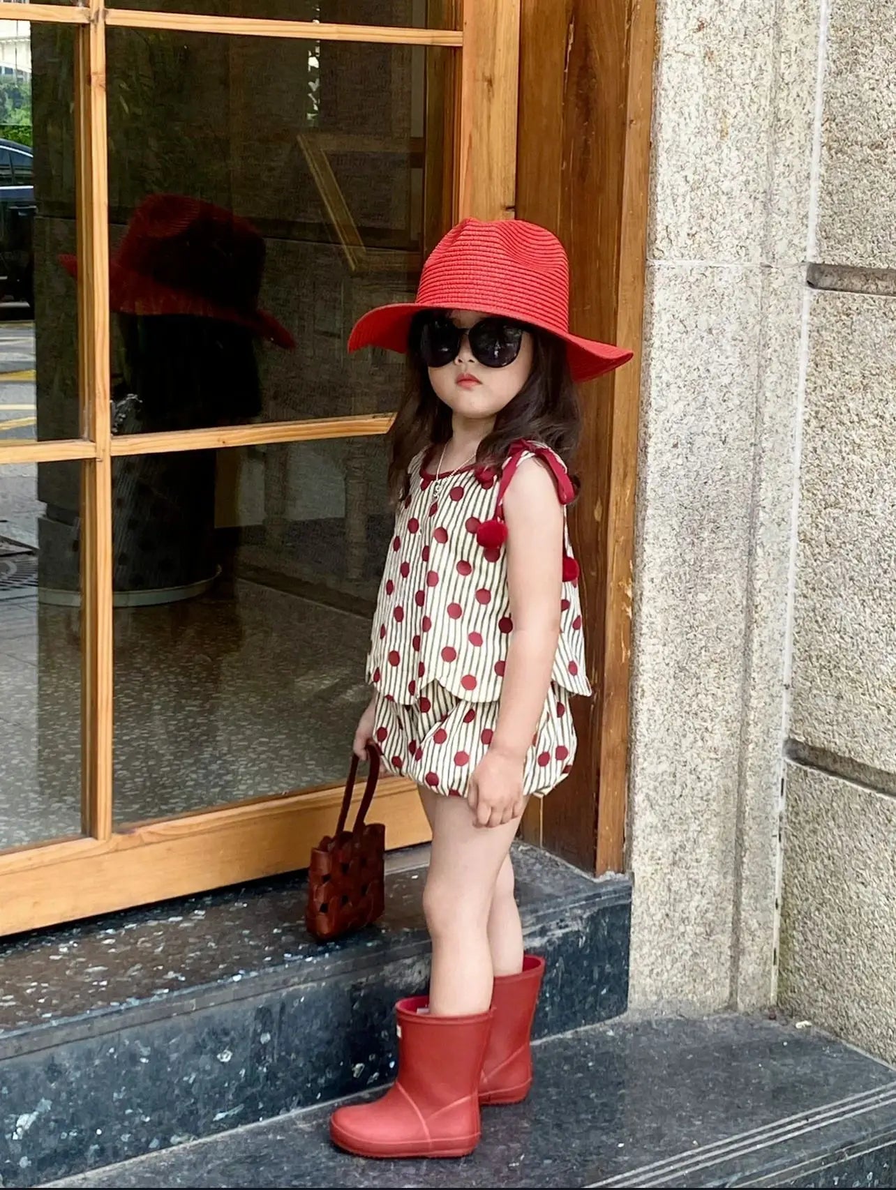 Summer Girls Dotted Two Piece Suspender Shorts Set