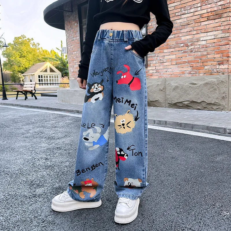 Blue Cartoon Wide Leg Jeans for Trendy Girls
