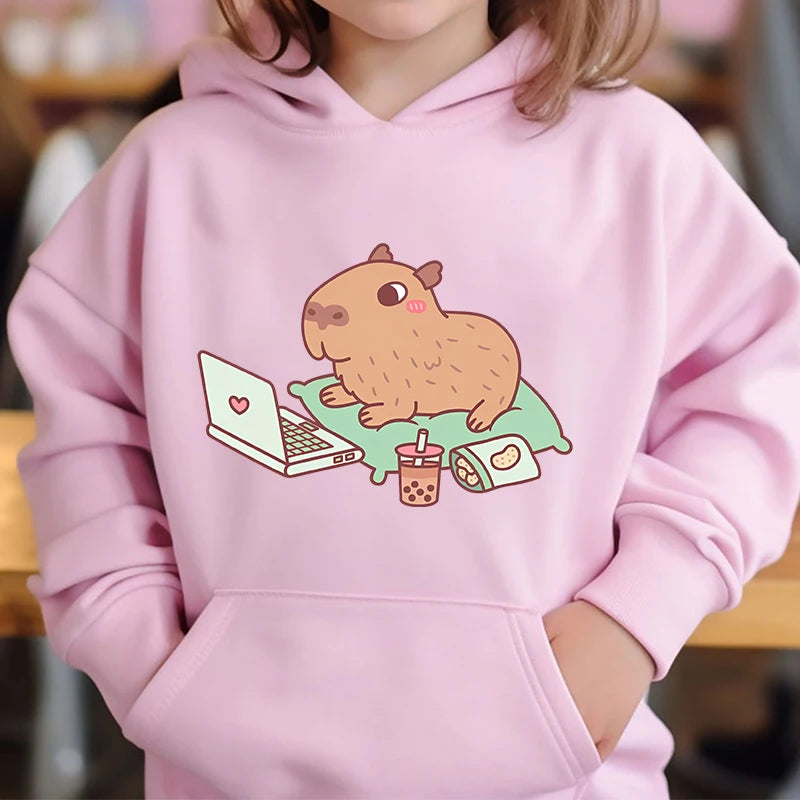 Adorable Capybara Bubble Tea Hoodie for Girls