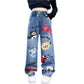 Blue Cartoon Wide Leg Jeans for Trendy Girls