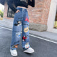 Blue Cartoon Wide Leg Jeans for Trendy Girls