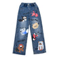 Blue Cartoon Wide Leg Jeans for Trendy Girls