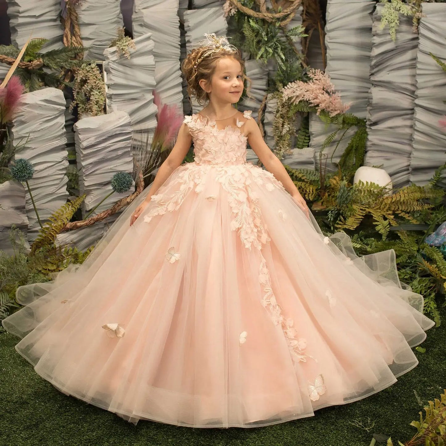 Party Long Tulle Dress with Butterfly Appliques