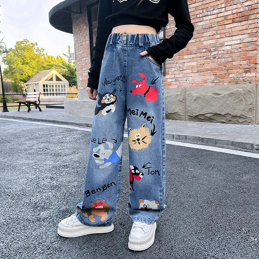 Blue Cartoon Wide Leg Jeans for Trendy Girls