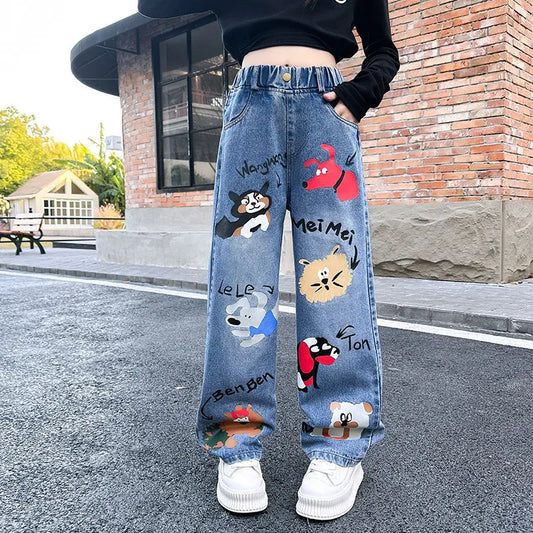 Blue Cartoon Wide Leg Jeans for Trendy Girls