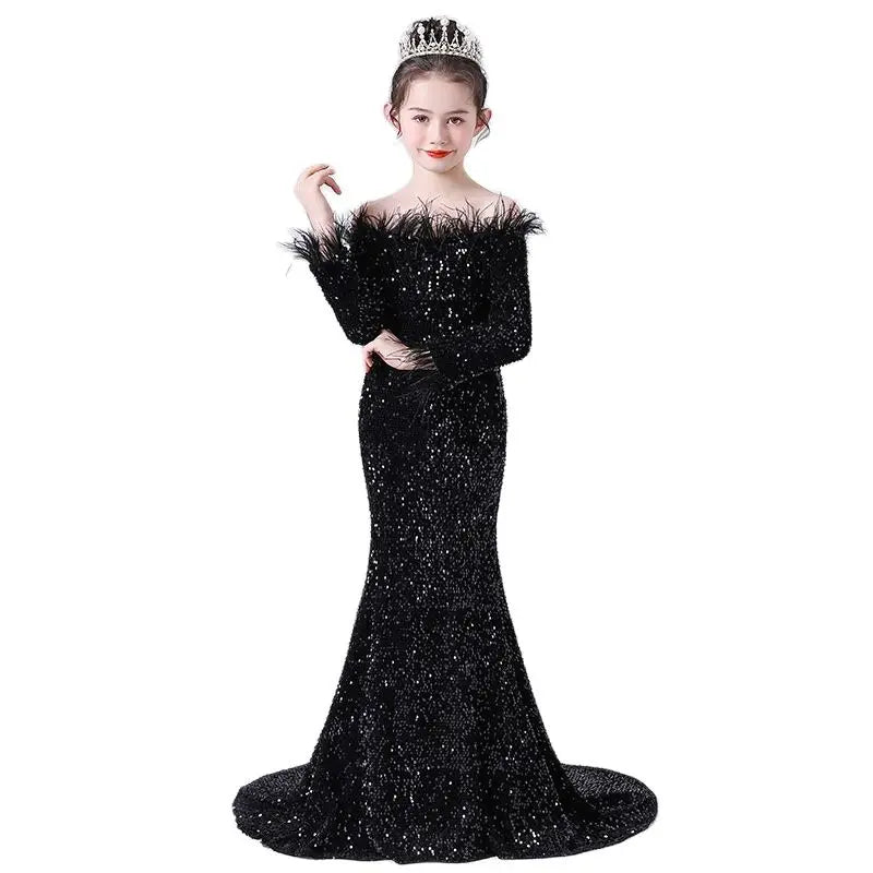 Floor Length Feather Sequin Dress