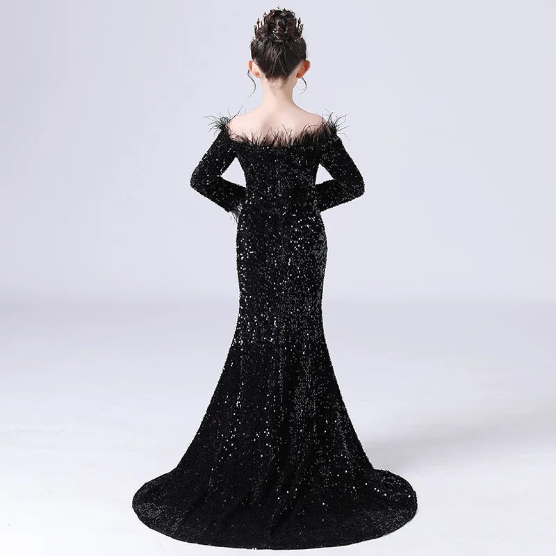 Floor Length Feather Sequin Dress