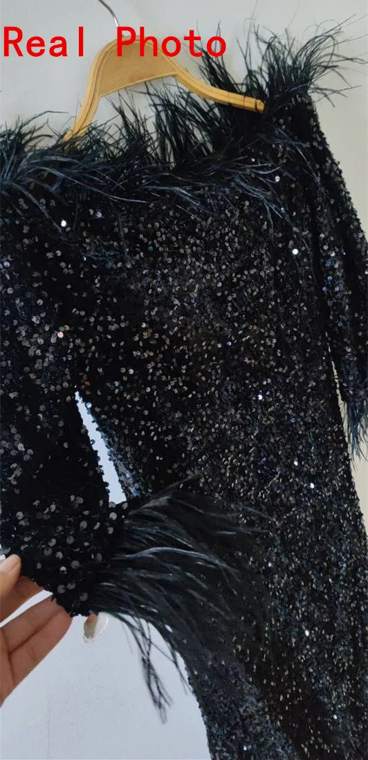 Floor Length Feather Sequin Dress